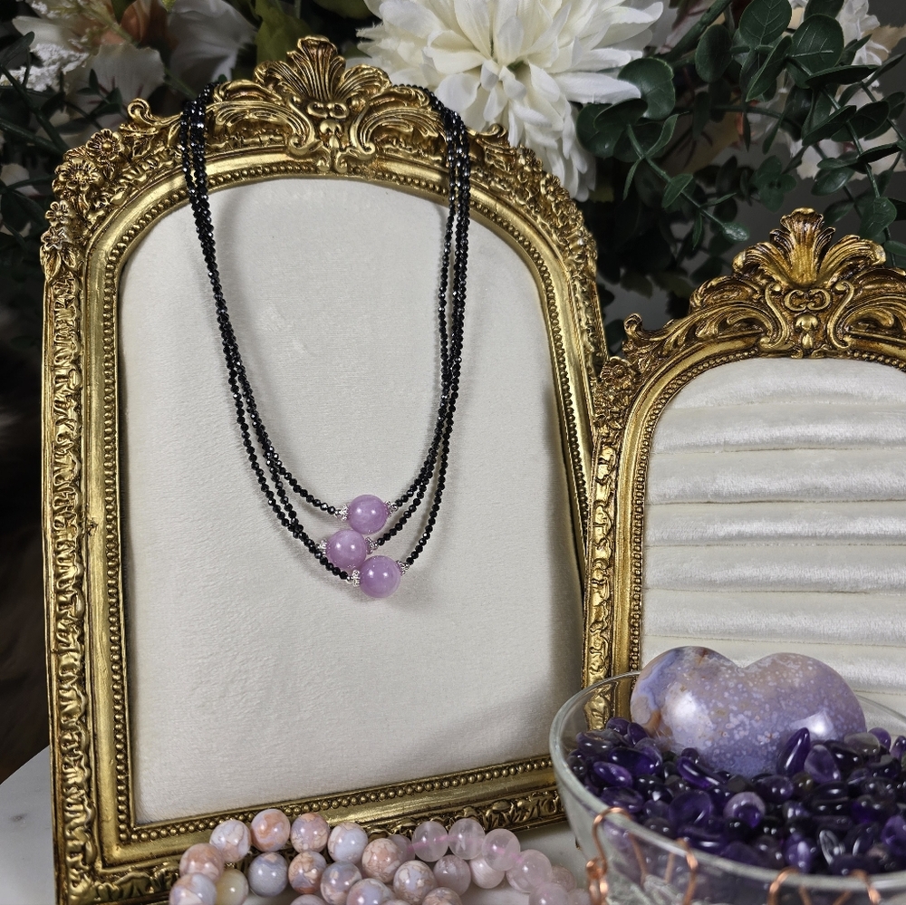 Dainty Artisan 2.5mm Black Spinel & 10mm Kunzite Necklace